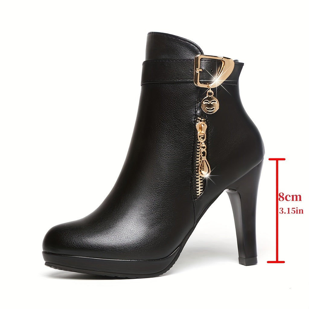 Minimalist High-Heel Ankle Boots for Women - Solid Color Stiletto Booties with Round Toe, Side Zip, and Rubber Sole for All Seasons - For Fashionable Women - Perfect for Parties, Work, and Casual Occasions - Ideal Gif